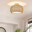 BUXVRCS Rattan Ceiling Light Fixtures,Hand-Woven Boho Flush Mount Light,Handmade Fixtures with Fabric Shade,Farmhouse Fixture for Bedroom Hallway Entryway (Yellow)