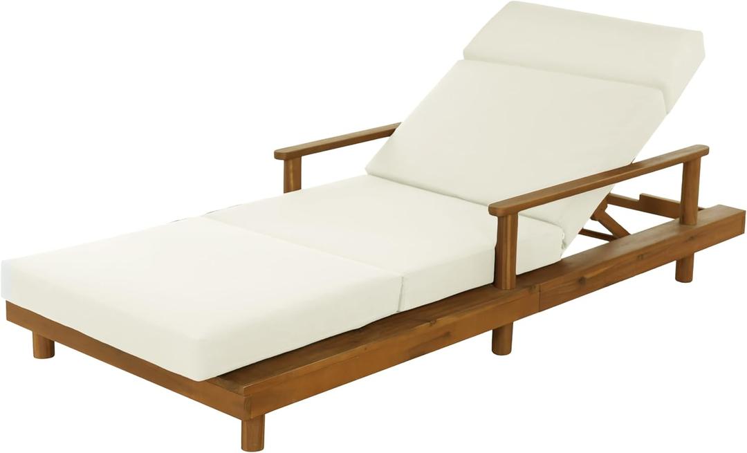 Merax Acacia Wood Outdoor Chaise Lounge Chair Set of 2, 3-Position Adjustable Backrest & 4\" Thick 3-Fold Removable Cushion, 76.8\" L Modern Patio Sun Lounger for Garden Pool Beach Yard, Cream+Teak