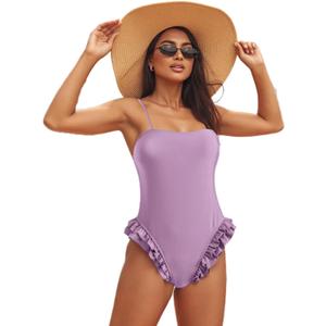 Mxiqqpltky One Piece Womens Swimsuits Y2k Ruffle Bathing Suit Spaghetti Strap Square Neck Tummy Control Slimming Swimwear (Purple, M)