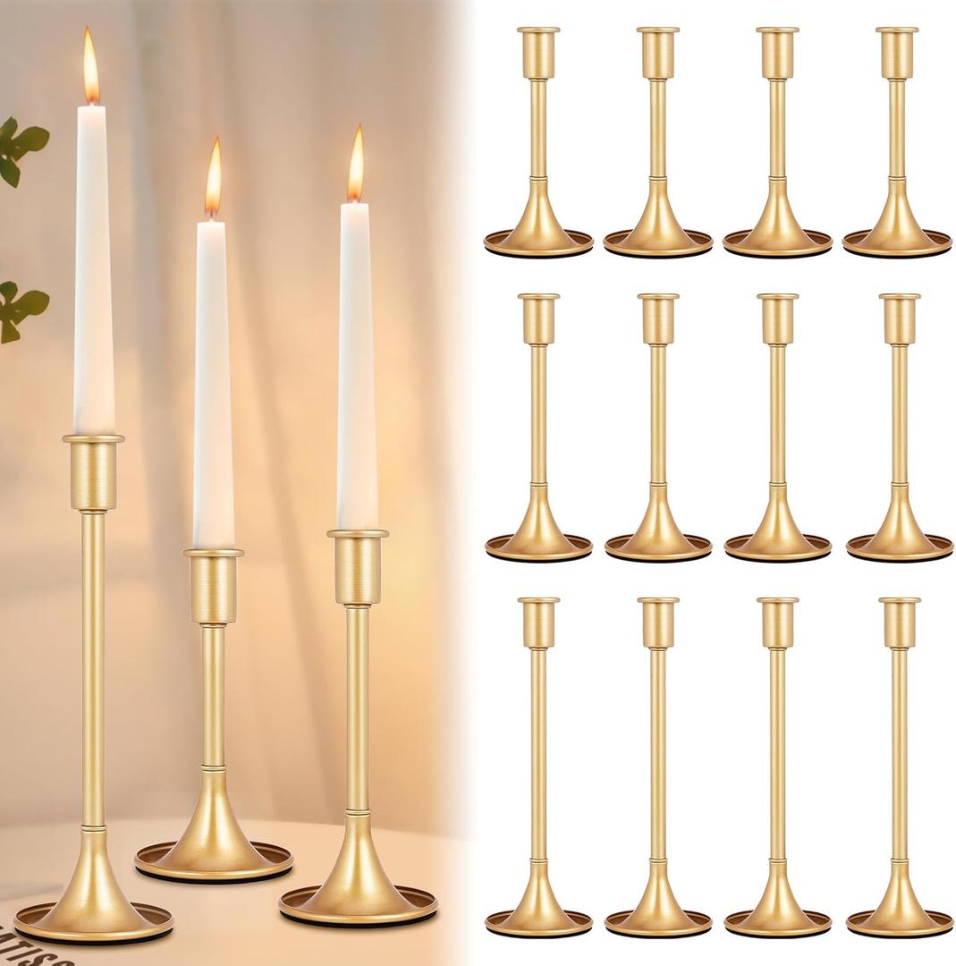 Vintage Low Metal Candlestick Holder Set - 12 Gold Taper Candles with Anti-Slip Pad for Table Centerpiece, Weddings, Dinners & Parties - 3 Sizes
