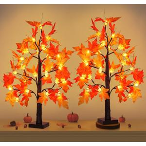 [2 Pack] 24" LED Maple Tree Fall Decor - Battery Operated Tabletop Thanksgiving Tree with 24 Lights, 48 Autumn Leaves & 12 Acorns, Detachable Branches for Indoor Home Decor