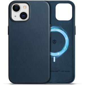 SHIELDON Genuine Leather Case for iPhone 15 2023, Magnetic Wireless Charging Slim Non-Slip Anti-Scratch Shock-Absorbent Phone Case Cover with Metal Buttons Compatible with iPhone 15 6.1" - Navy Blue