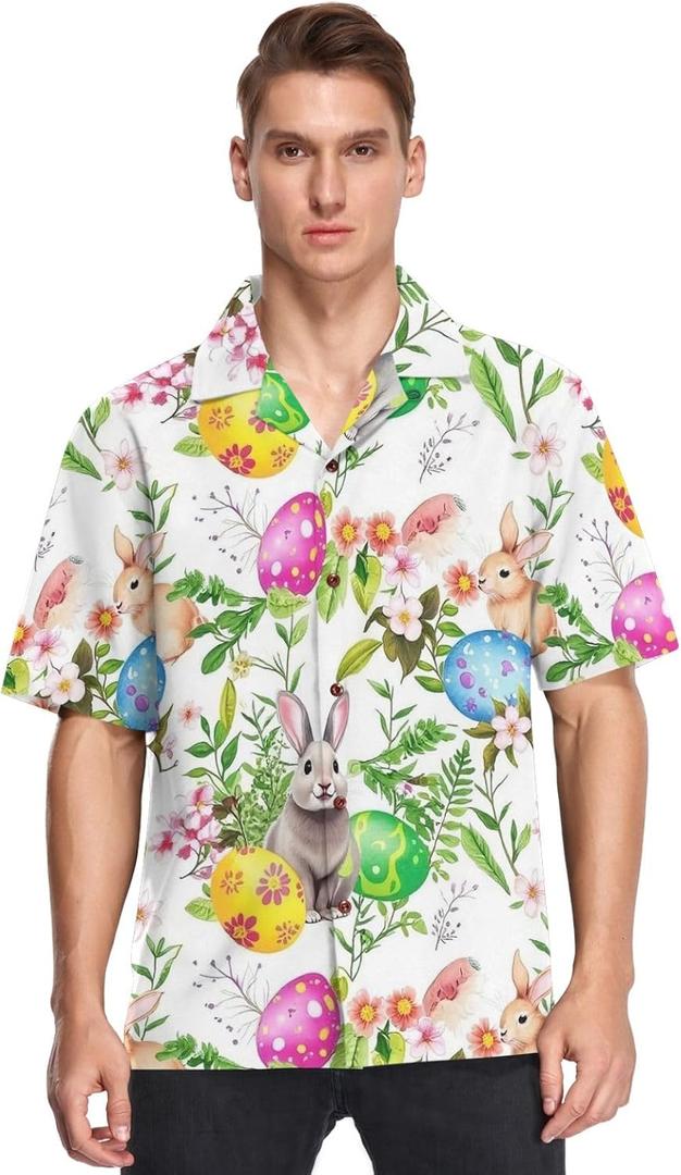 Hawaiian Shirt for Men Short Sleeve Easter Bunny Eggs Rabbit Beach Casual Button Down Aloha Shirt (M)