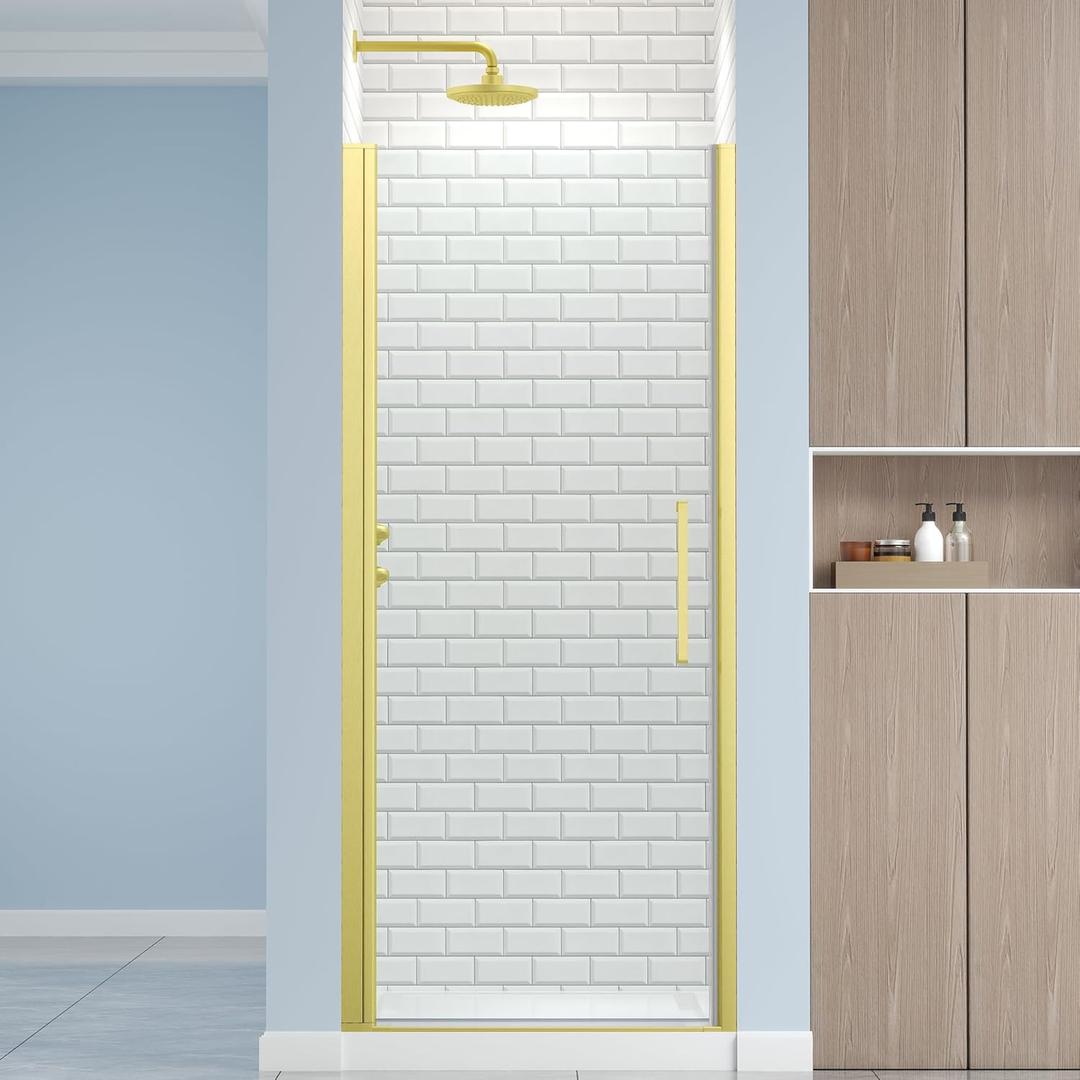 ENSO SENKA Frameless Pivot Shower Door 28.8-30" W X 72" H, 1/4" (6mm) Clear SGCC Tempered Glass, Hinged Pivot Swing Shower Door, Reversible Installation, Easy to Clean, Brushed Gold