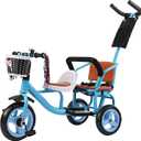 Kids Trike Bike Stroller- Double Tricycle Easy for Toddler with Removable Push Handle,Safety Harness,High Carbon Steeltrike Frame,Boys and Girls Ages Year Old,Blue