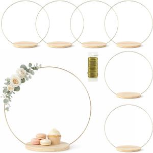 6 Pack Floral Hoop Centerpieces with Stand, 18 Inches Metal Rings for Crafts DIY Centerpieces Table Decoration with 8 Inch Large Wooden Stand Wedding Birthday Baby Shower Party Table Displays