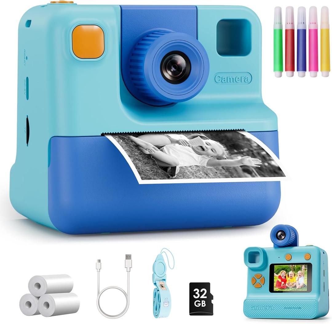 Kids Camera Instant Print, Christmas Birthday Gifts for Girl Boys 3-12 Years Old, FHD Selfie Digital Video Cameras, Toddler 3 Rolls Print Paper & 32G Card (Blue)
