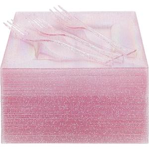 DaYammi 100Pcs Pink Dessert Plates with Forks Including 50Pcs Appetizer Plates,50Pcs Plastic Forks,Glitter Square Plate pink Disposable plates for Wedding,Plastic Cake Plate for Mother's Day Party