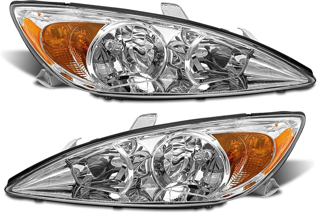 Headlight Assembly for 2002 2003 2004 Toyota Camry Chrome Housing with Amber Reflector Left and Right (Only Fits LE/XLE, Not Fits S,Bulb not Included)