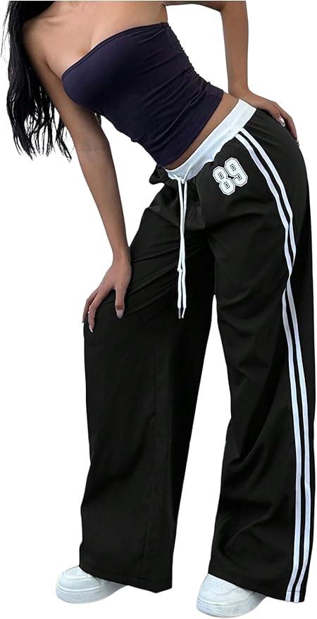 WDIRARA Women's Wide Leg Baggy Sweatpants Side Striped Number Graphic Track Pants with Pockets S, Black