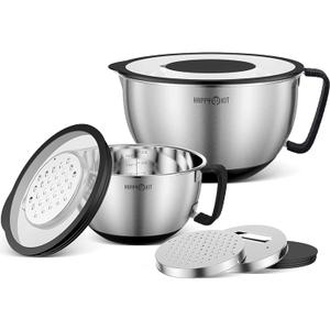 HAPPY KIT 18/8 Mixing Bowls With Lids Set of 2,Stainless Steel Mixing Bowl With Pour Spout, Non-slip Handle and Bottoms, 3 Grater Attachments, Measurement Marks & Lid, Size 5, 3QT(Black)