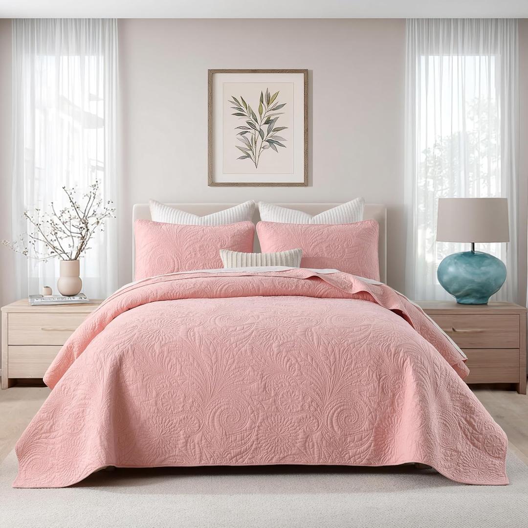Cotton Queen Size Comforter SetPink BeddingPaisley Quilt SetFarmhouse Printed Pattern BedspreadsSoft Cotton Quilt Solid Color Lightweight Bedspread All Seasons 3 Piece