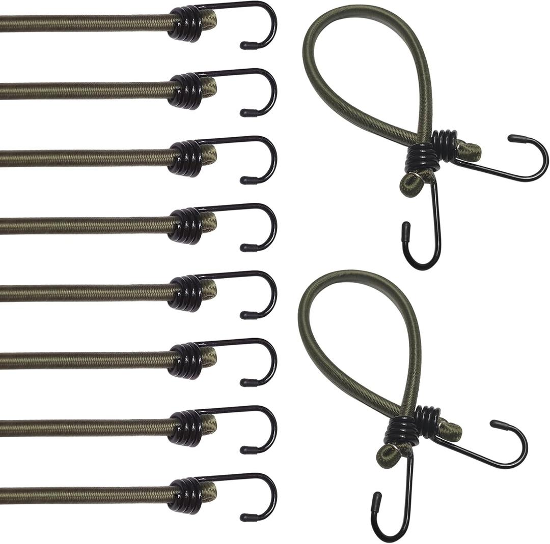18 Inch Bungee Cords with Hooks, 10 Pack 9mm Elastic Cord Superior Material Multi-Purpose Bungee Cords Heavy Duty Outdoor for Tent,Luggage Rack,Various Cargoes, Weatherproof & UV,Olive