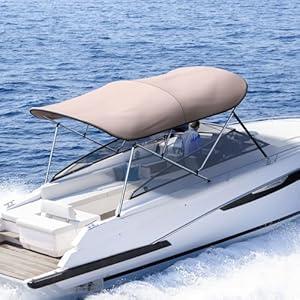 KING BIRD 3-4 Bow Bimini Boat Top Cover Sun Shade Boat Canopy Waterproof 1 Inch Stainless Aluminum Frame 46" Height with Rear Support Poles and Storage Boot  3 Bow 6'L x 46"H x 67"-72"W
