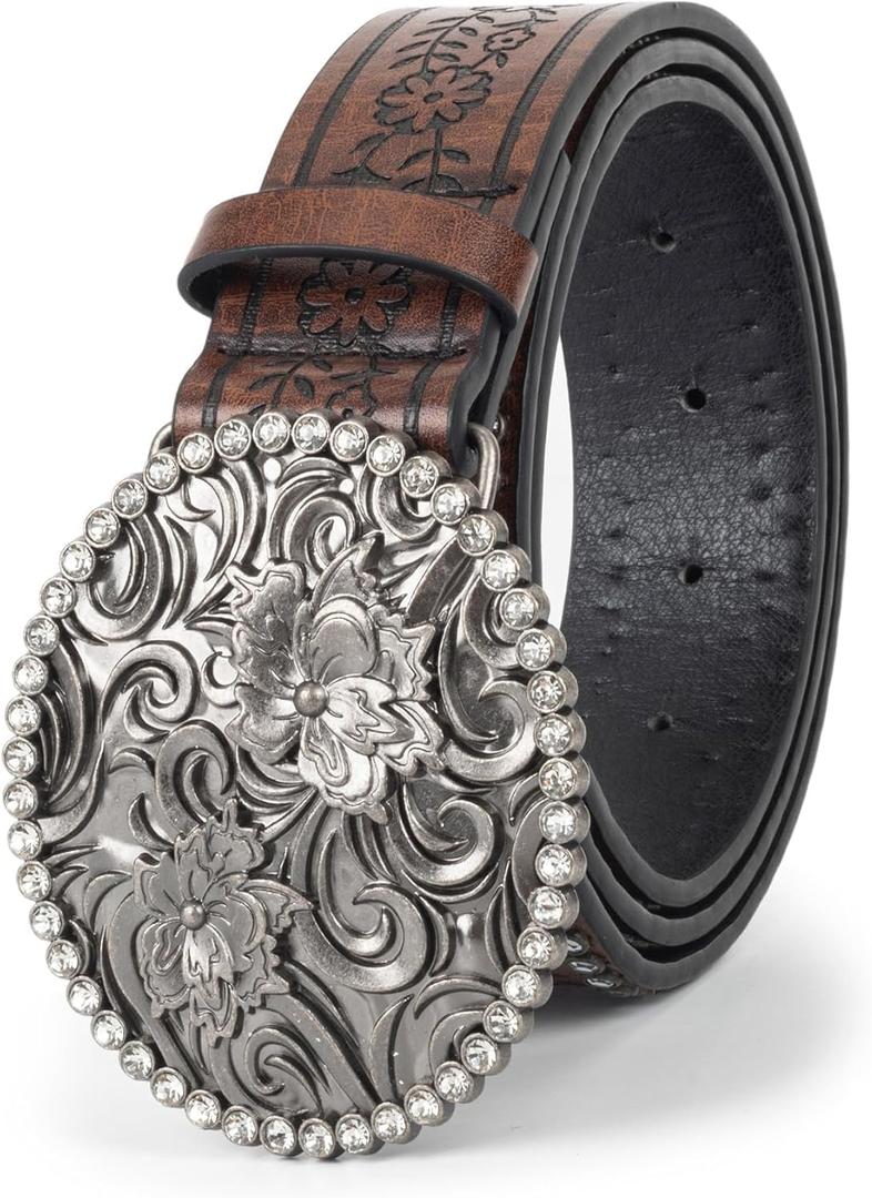 INOGIH Womens-Vintage-Western-Leather-Belt Rhinestone-Cowboy-Cowgirl Belt with Diamond Flower-Buckle for 28"-38" Waistline