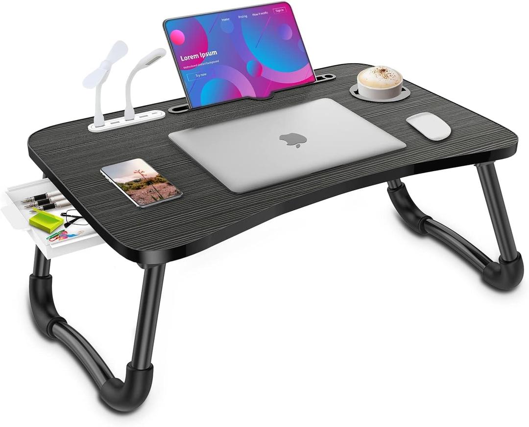 Zapuno Laptop Lap Desk, Foldable Laptop Table Tray with 4 USB Ports Storage Drawer and Cup Holder, Lap Bed Desk Notebook Stand Laptray Portable Standing Table for Bed Couch Floor (Black)