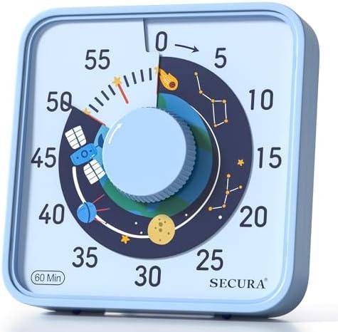 Secura 7.5-Inch Satellite Pattern Visual Timer for Kids, 60-Minute Countdown Timer for Classroom or Kitchen, Durable Mechanical Timer Clock with Magnetic Backing (Light Blue)