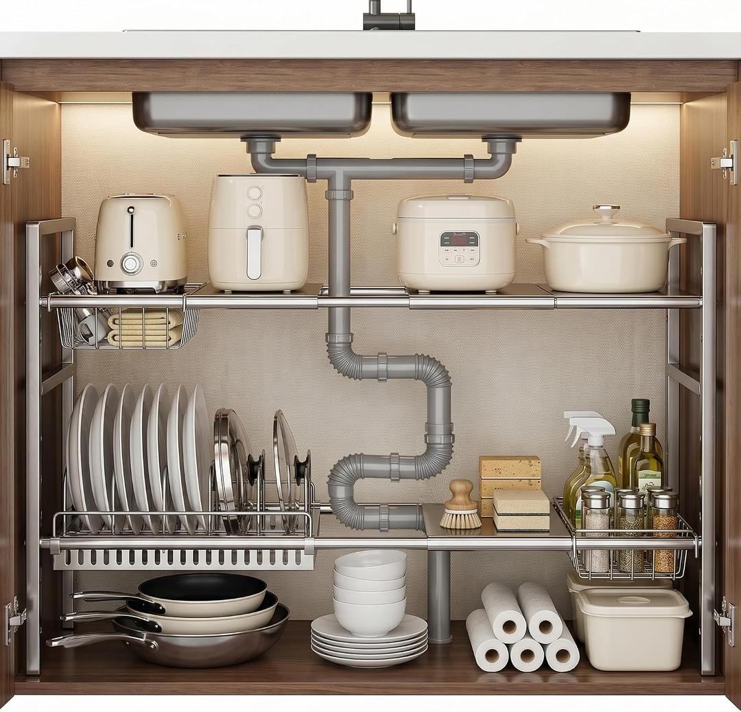 Li&Zhao Stainless Steel Under Sink Organizer-Expandable Cabinet Storage Rack with 4 Dividers and 2 Baskets, Two-tier with 4 shelves and 2 baskets
