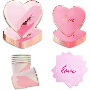 Pink Heart Shaped Party Tableware - Disposable Wedding Engagement Paper Plates Cups Napkins, Valentines Day, Baby Shower, Mothers Day Tableware, Marry Me LOVE Themed Party Supply 68pcs
