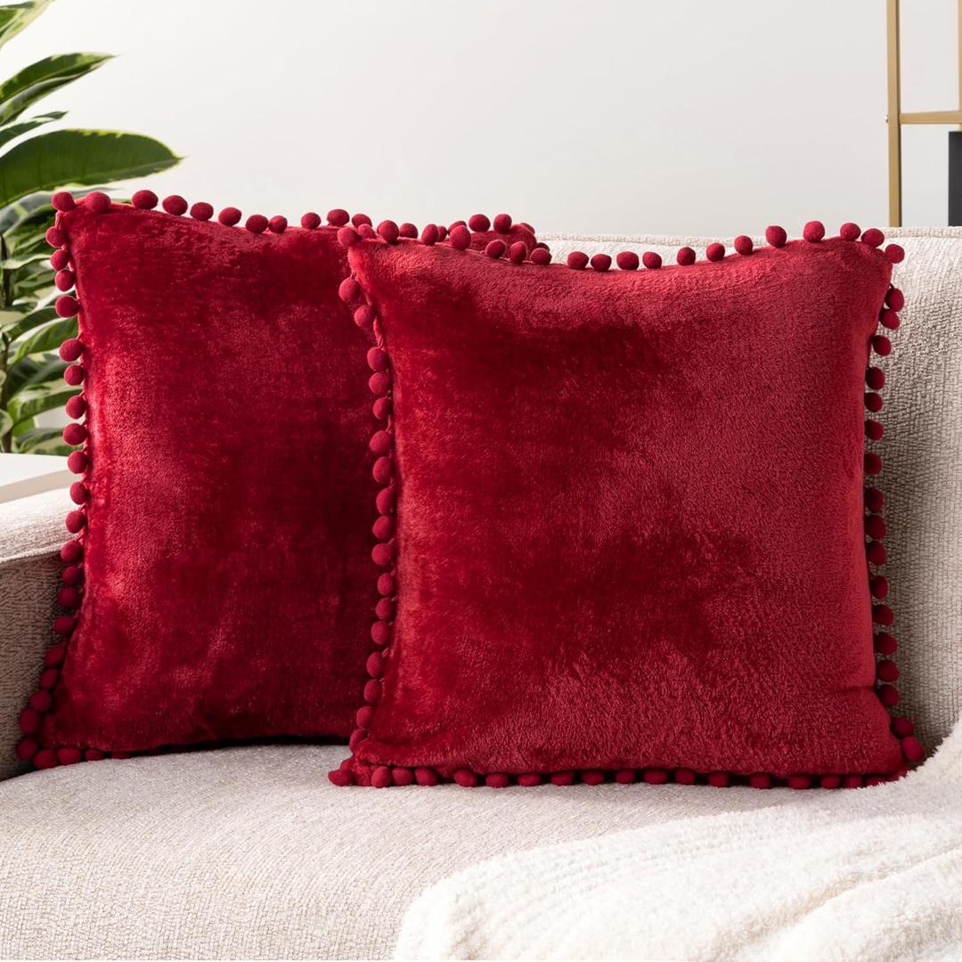 PAVILIA Burgundy Red Throw Pillow Covers with Pom Pom 20x20 Set of 2, Decorative Pillow Cases for Bedroom Aesthetic, Small Throw Pillows Set for Bed, Velvet Euro Plush Cushion Covers for Sofa Couch