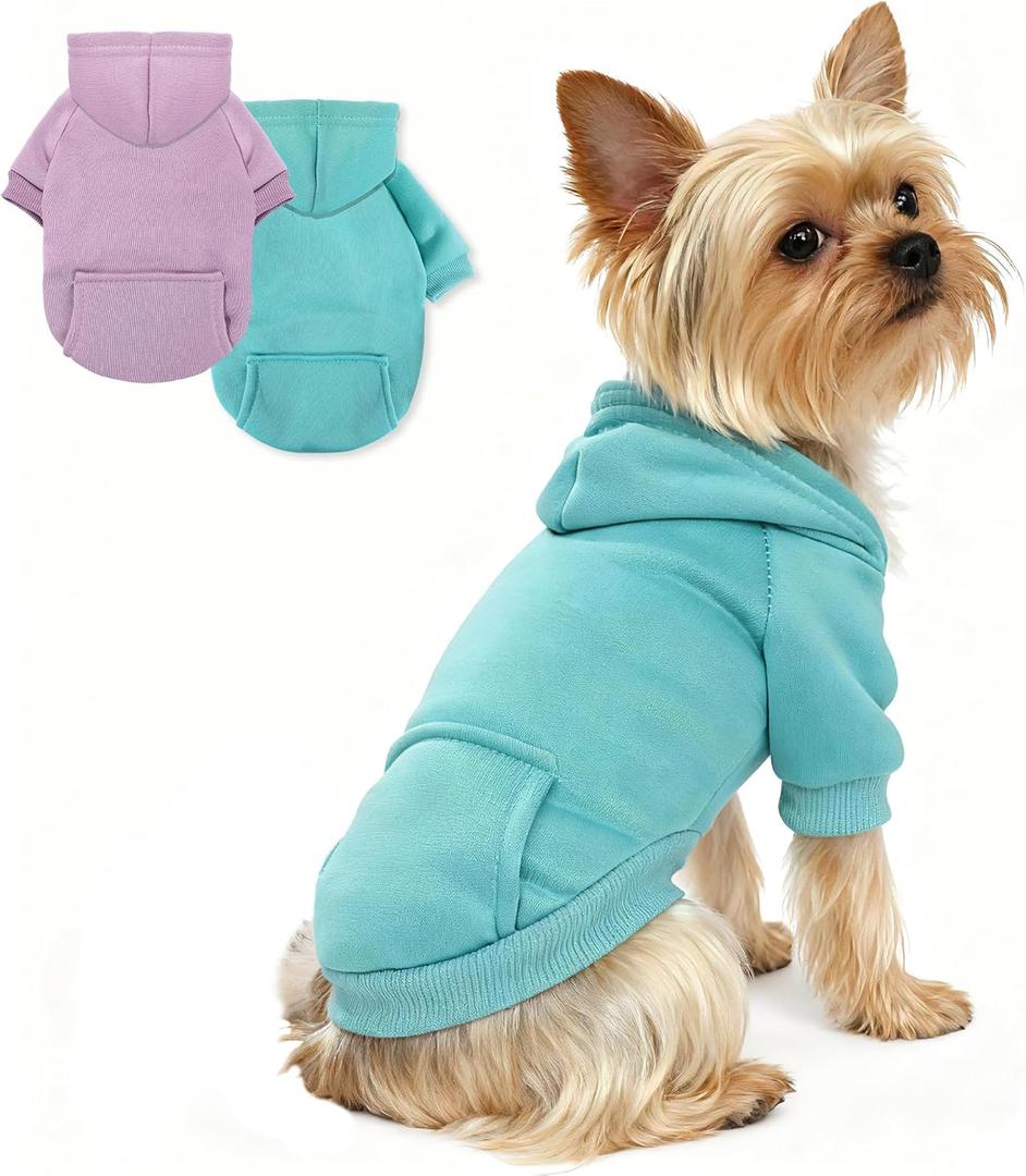 2 Pieces Dog Hoodies for Small Dogs, Cute XXS Dog Sweaters with Hood, Classic Puppy Sweatshirt with Pockets, Winter Pet Clothes with Fleece Lined, for Tiny Doggie Like Chihuahua Yorkie, Blue Purple (Lavender+Cadet Blue)