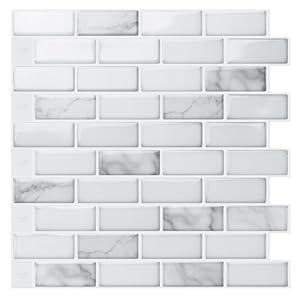 Art3d 10-Sheet Peel and Stick Backsplash Tile in White Marble, Self-Adhesive Wall Tiles Stick on Kitchen Laundry Room RV Renter - 12 x 12 Inch