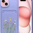 Unov Case Compatible with iPhone 15 Plus iPhone 14 Plus 5G Soft TPU Slim Protective Case with Flower Floral Bouquet Girly Card Holder Back Cover Case Mouve Purple