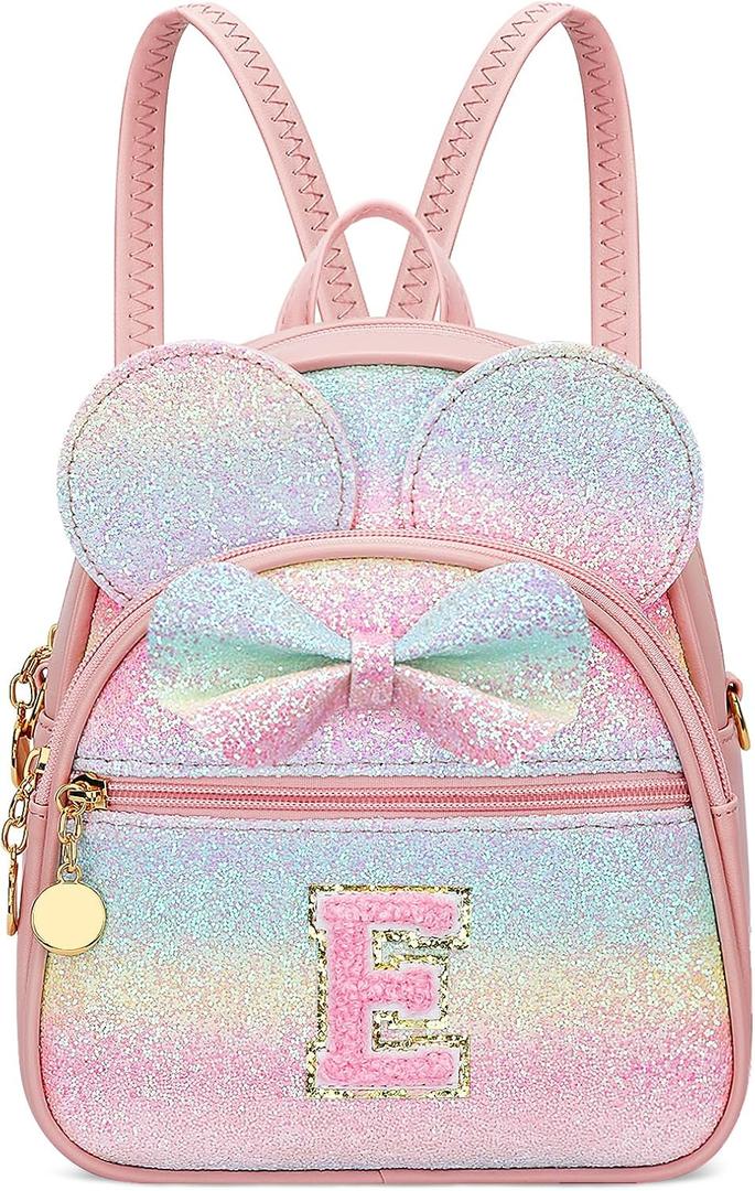 KKXIU Initial Bowknot Mini Backpacks for Girls Women, Small Cute Backpack Purse, Personalized Birthday Gifts for Toddler, Kids and Teen Girls(E, Rainbow)