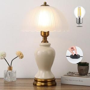 Ceramic Table Lamp Dimmable for Living Room, 16" Modern Vintage Bedside Nightstand Lamps with White Glass Shade,Classic Chinoiserie Retro Bedroom Lamp for Night Stands, Dorm,Office, Home Decor
