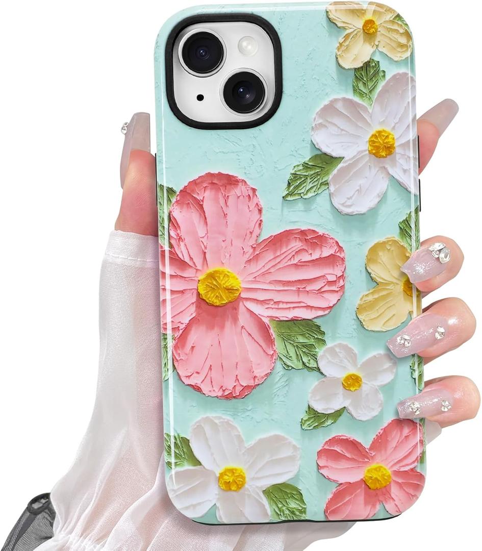 KANGHAR Cute Case for iPhone 14 Case for Women Girls [Compatible with MagSafe] Pink and Green Oil Painting Floral Print Pattern Design, Aesthetic Girly Flowers Magnetic Protective Phone Cover
