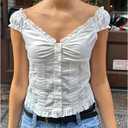 Women's Summer Button Down Crop Tops Cap Sleeve Y2k Slim Fitted Shirts Babydoll Coquette Tops Blouse (White, S)