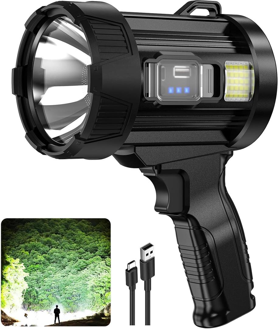 Kmivo Rechargeable Spotlight, 99,000 Lumens Super Bright Handheld Led Flashlight, Outdoor Spot Light with Cob Light and Solar Panelsfor Boating Camping