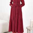 dowerme Women's Casual Dresses 2025 Fall Fashion Long Sleeve Button Up Floral Print Belted Tiered Boho Maxi Party Dress (Red, M)