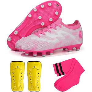 brooman Kids Firm Ground Soccer Cleats Boys Girls Football Shoes with Shin Guards and Soccer Socks (3.5,White Pink)