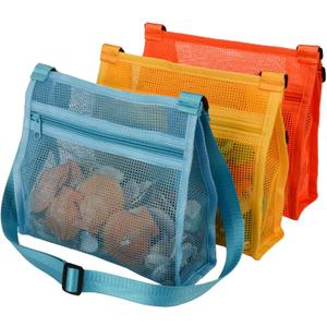 Mesh Bag for Holding Beach Shell,Toys (Blue&Yellow&Orange 3pack) Shell Collecting Bags for Kids, for Picking Up Shells (Multicolored)