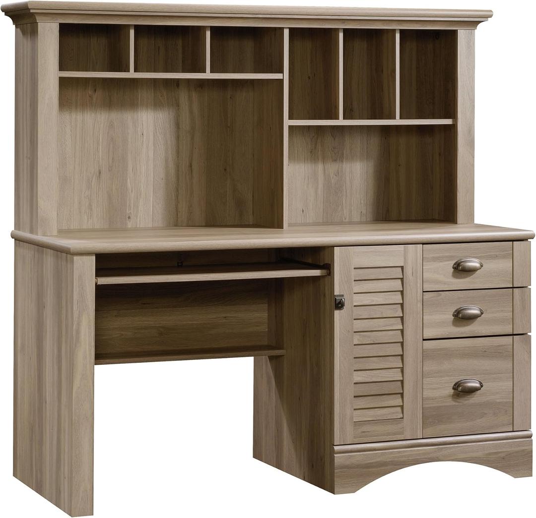 Sauder Harbor View Home Office Computer Desk with Hutch, Keyboard Tray, in Salt Oak finish