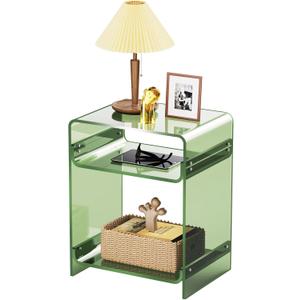 Acrylic End Table Record Player Table with Storage Shelf Clear Side Table Nightstand (15.7x19.7x11.8) (Green)