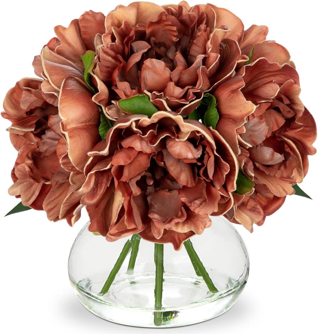 Hollyone Coffee Peonies with Vase Fall Flowers Artificial for Decoration Faux Flower Peony Fake Flowers Silk Flower Arrangements in Glass Vase with Faux Water Centerpiece Fall Decorations for Home