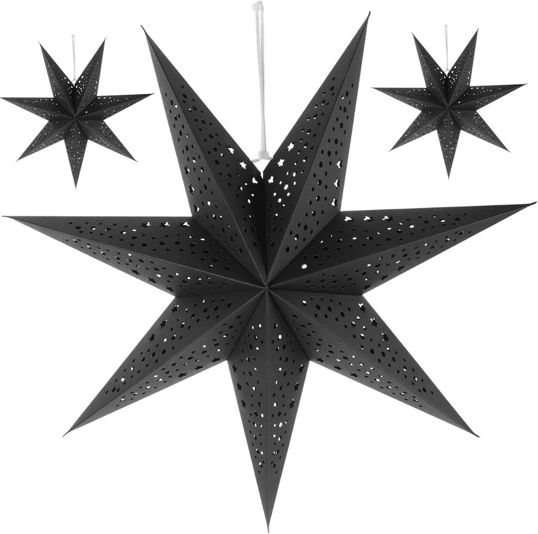Paper Star Lantern Lamp Shade 3PCS Stars Hanging Garland Large Hollow Out Xmas Tree Topper Foldable Christmas New Year Wedding Party Holiday Birthday Dercoration for Indoor and Outdoor 20in (Black)