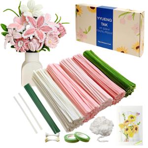 YYUENGTAK 350 Pcs Pink Pipe Cleaners Flower kit with tutoria,Fluffy Yarn,Green Floral Wires,Gardening Tape,Stamen(2 Colors)Pipe Cleaners Craft,Chenille Stems for DIY Art Projects Creative Gift Decor