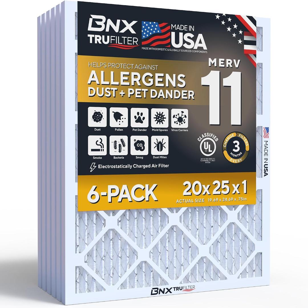BNX TruFilter 20x25x1 Air Filter MERV 11 Allergy, Dust & Pet Defense 6-Pack