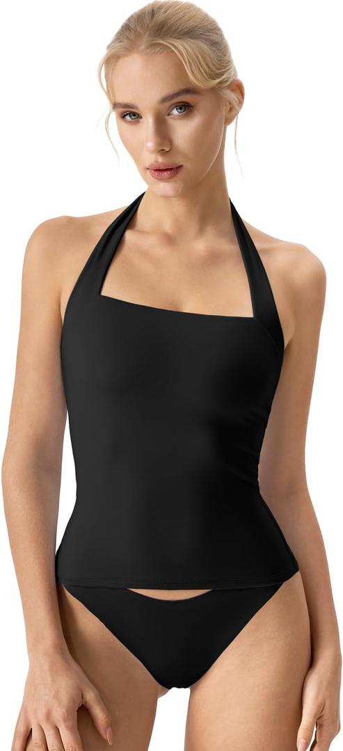 QINSEN Women's Backless Halter Tank Top Button Closure Square Neck Double Line Casual Daily Top Going Out Cami, Small