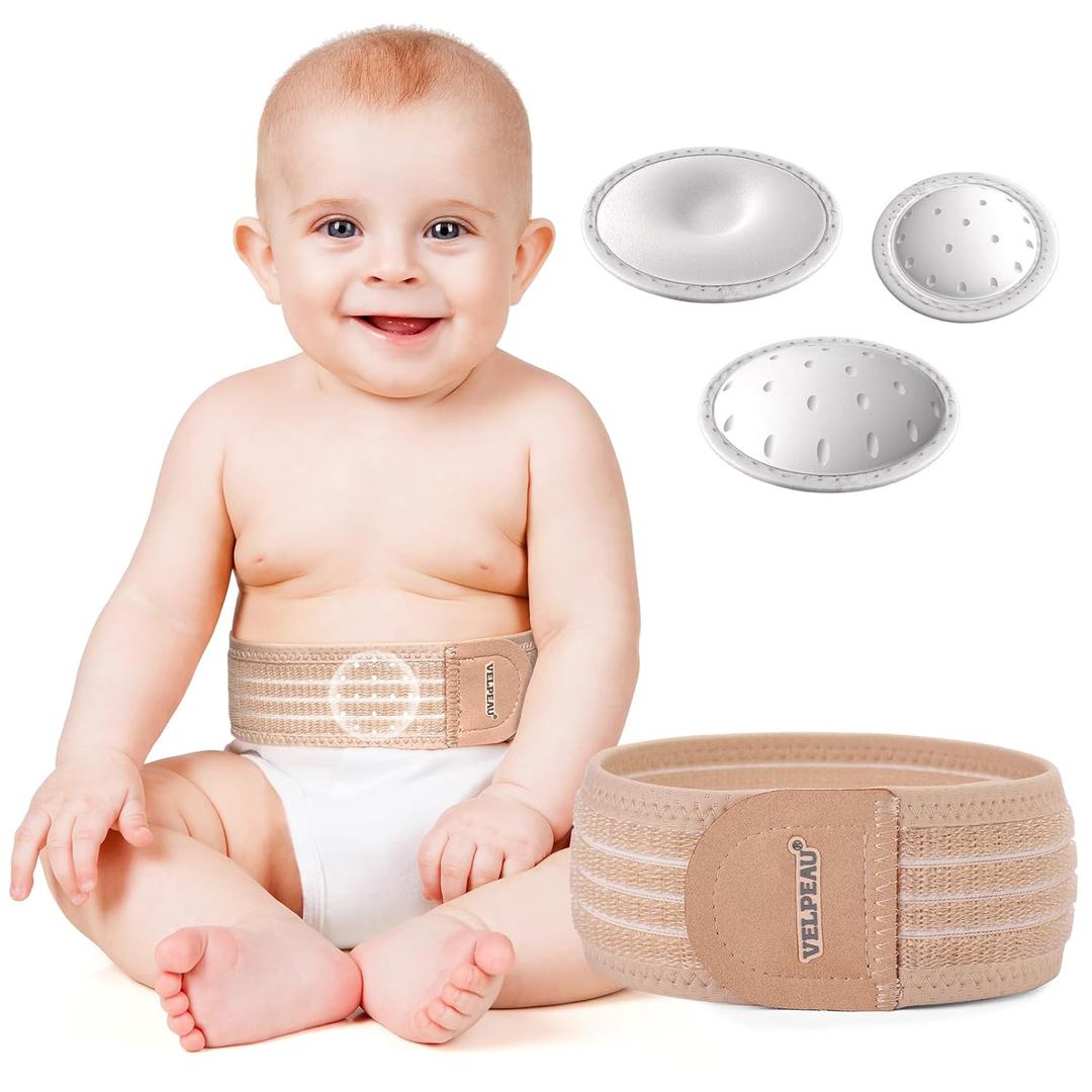 Velpeau Umbilical Hernia Belt Baby Newborn -with 3 Different Shaped Compression Pads, Belly Button Navel Band Wrap Truss Abdominal Binder Support for Infant, Children, Toddler, Kids (Khaki-Reg)