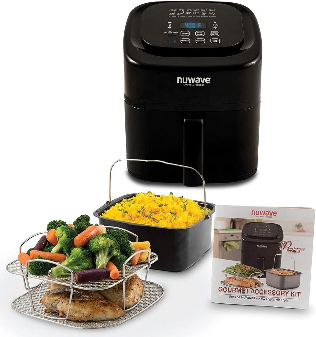 Nuwave Brio 6-Quart Digital Air Fryer Including Non-Stick Baking Pan and Stainless-Steel Cooking Rack (6-Quart + Gourmet Kit), Black