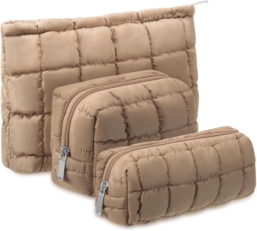 3 Pcs Puffy Makeup Bag Quilted Cosmetic Pouch for Women Cute Checkered Travel Toiletry Bag Puffer Makeup Organizer Purse Pouch Preppy Pencil Case with Zipper (Brown)
