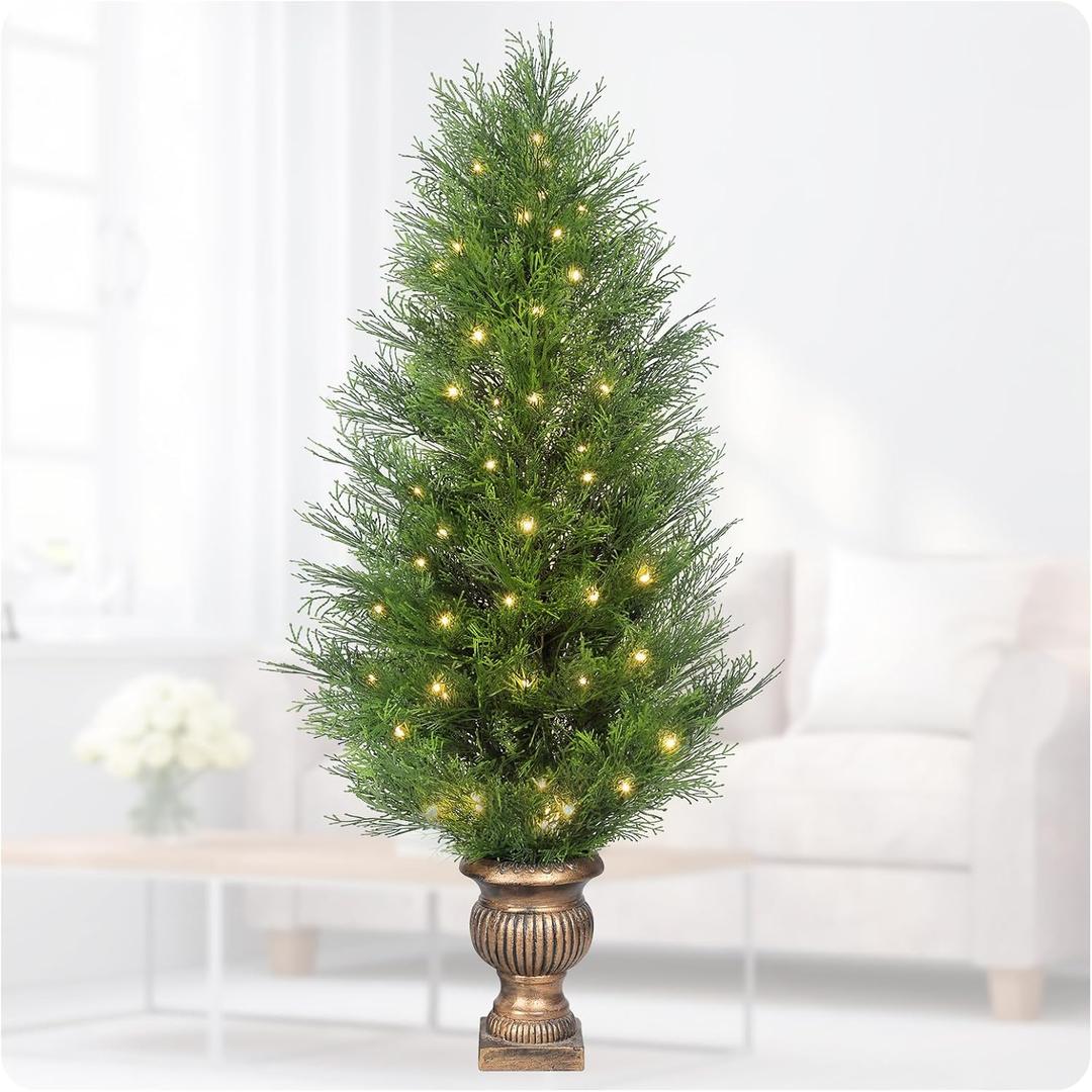 4FT Cypress Tree Artificial Pre-lit Artificial Emerald Green Arborvitae Potted Faux Shrub Bush UV-Resistant Fake Evergreen Privacy Tree with Light for Indoor Outdoor Decor