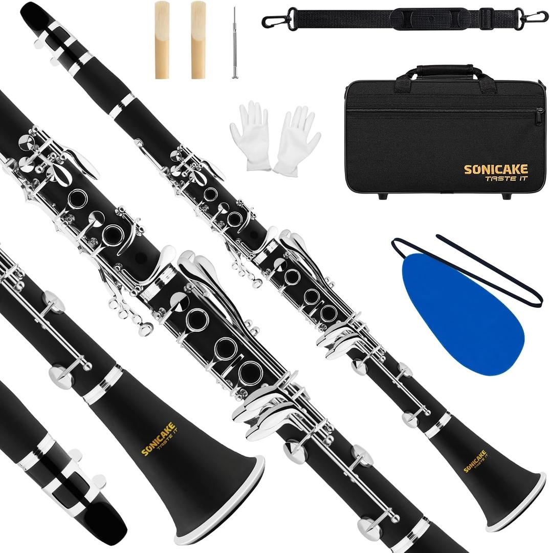 SONICAKE B Flat Clarinet for Beginner & Student, Nickel-plated Bb Ebonite Clarinet 2 Barrels, Reeds with Cleaning Kit, White Gloves and Hard Case, Black, QCR-01