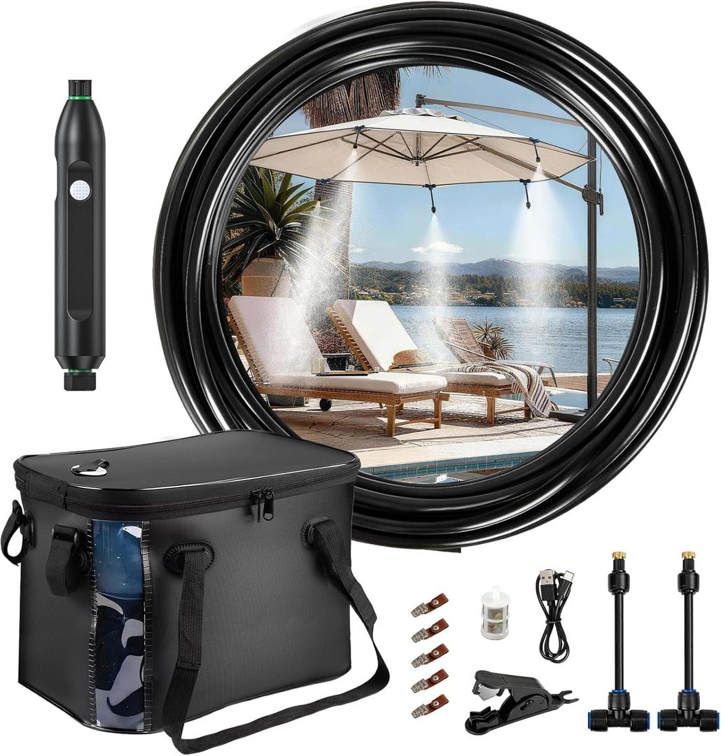26 FT Portable Misters for Outside Patio - Outdoor Misters for Patio Cooling, Portable Misting System with 4500mAh Water Pump, 20L Bucket, 8 Nozzles, Water Misters for Patio/Umbrella/Camping/Canopy