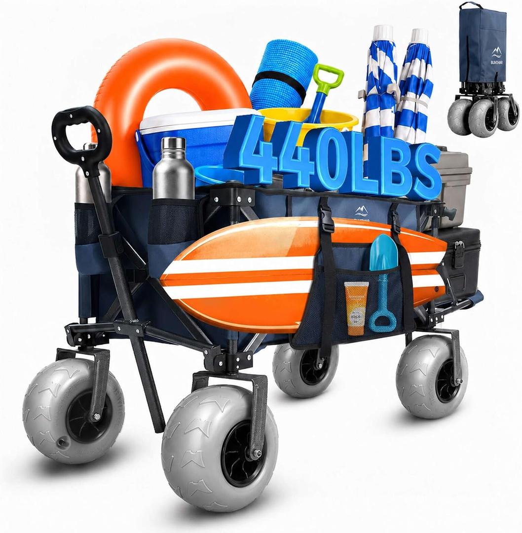 Beach Wagon with Extended Tailgate, 9" Big Sand-Proof Balloon Wheels, Heavy Duty 200L Oversized Foldable Beach Cart, 440LBS Utility Wagon with Side Pocket for Sand,Camping,Vacation