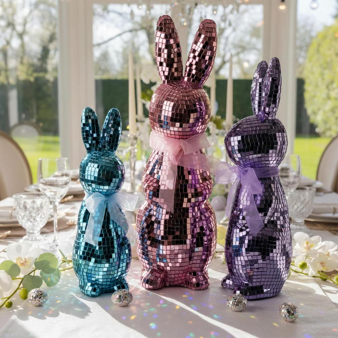 Lanpn 3PCS Mosaic Glass Bunny Easter Decorations, Decorative Disco Rabbit Sculptures for Easter Centerpieces, Spring Tabletop & Shelf Decor, Home Decoration Seasonal Gift (Pink, Purple, Blue)